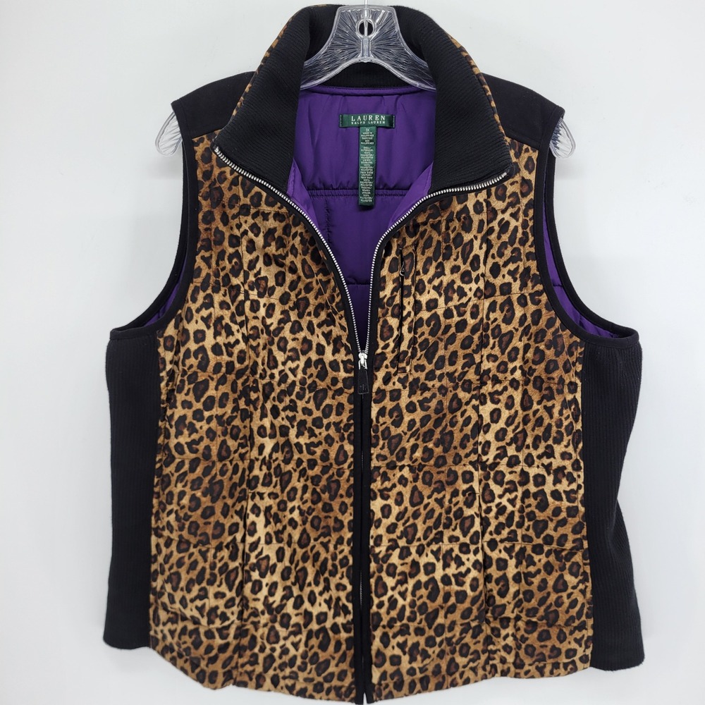 Lauren Ralph Lauren Leopard Print Quilted Puffer Vest Black Faux Suede 1X